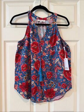 Rose & Olive Blue Floral Tassel Sleeveless top size small NWT